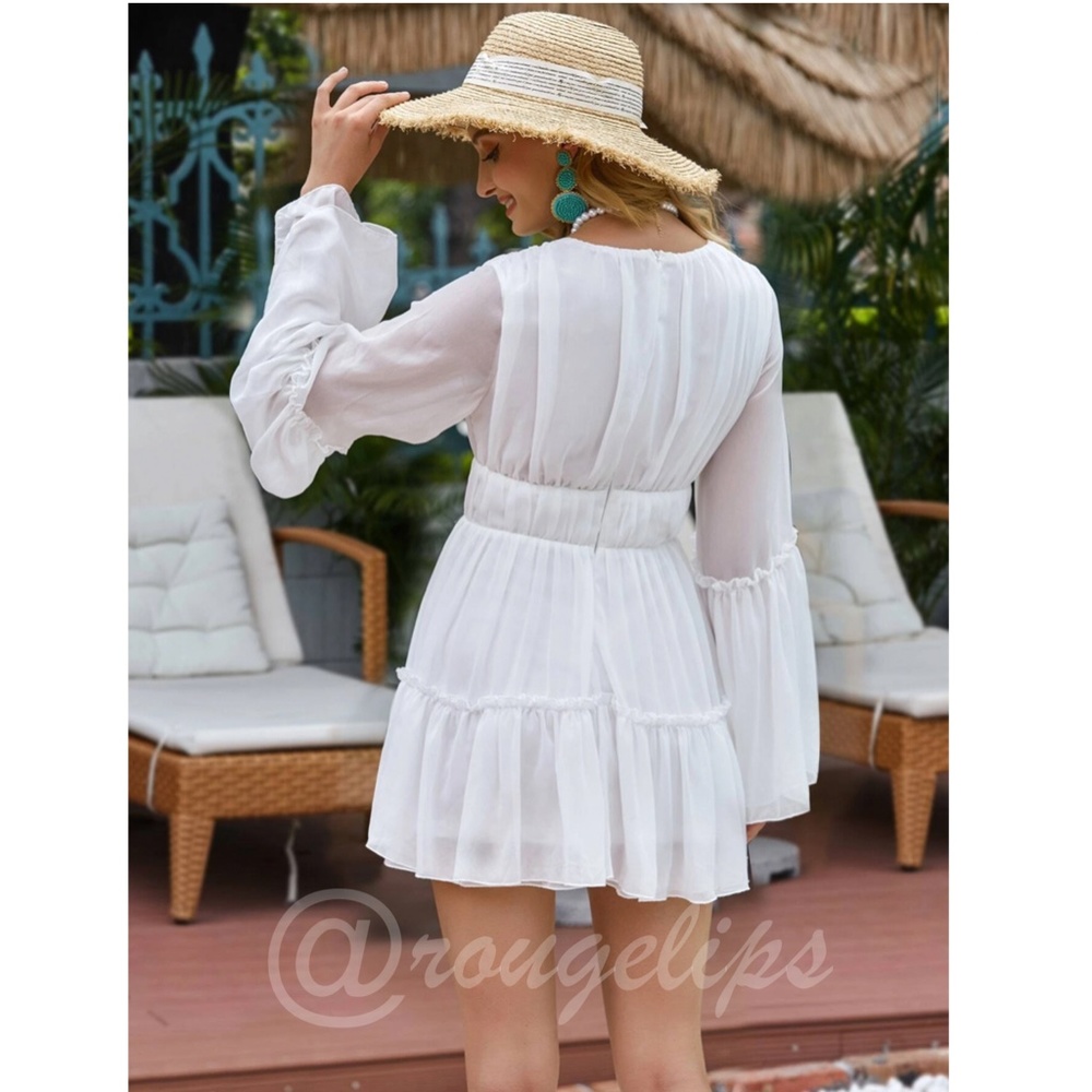 White Boho Mini Dress Flounce Sleeves Deep V Neck - Picture 3 of 6